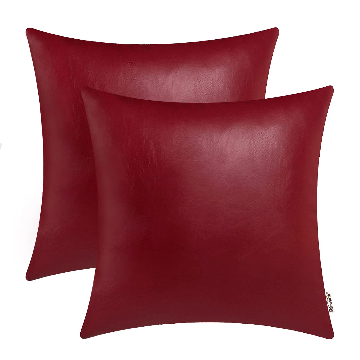 Brawarm Faux Leather Throw Pillow Covers 16 X 16 Inches - Deep Red Leather Pilow Covers Pack Of 2, Solid Dyed Leather Pillowcase